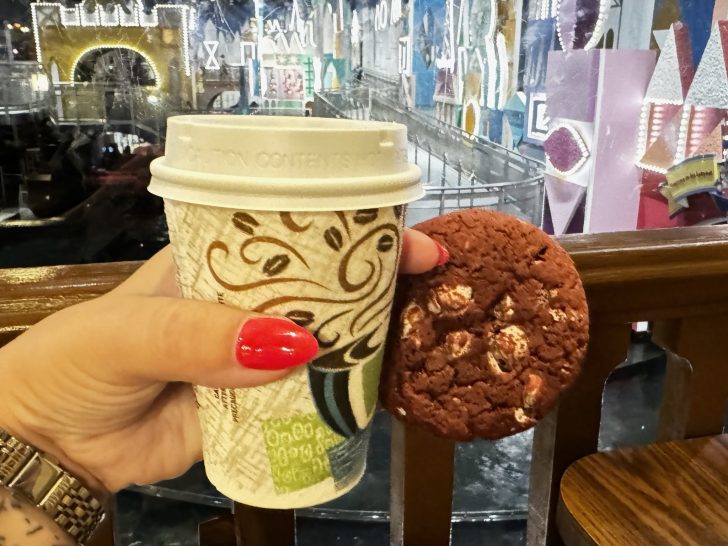 red velvet cookie and hot cocoa at pinocchio village haus for mvmcp