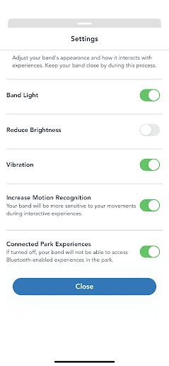 magicband plus settings for vibration and motion recognition