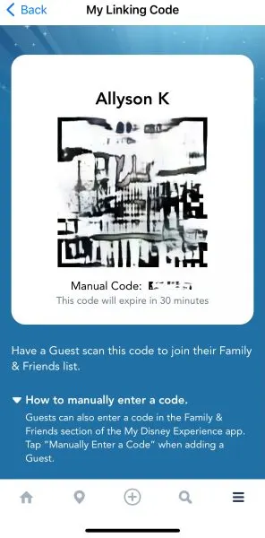 scanning linking code - my disney experience app