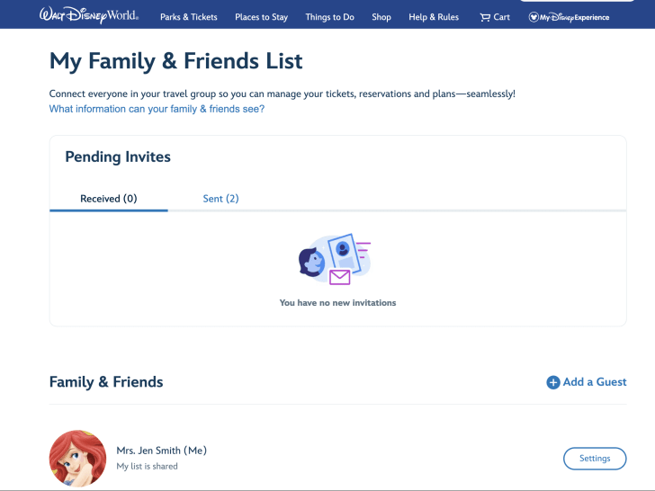 screenshot from my disney experience for adding friends and family