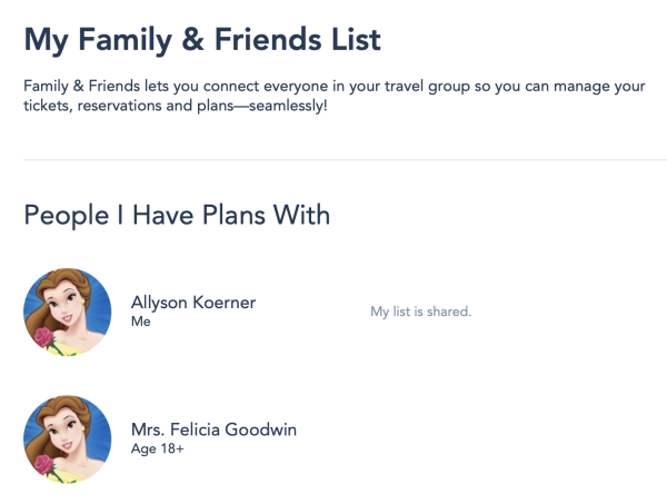 family and friends list - my disney experience