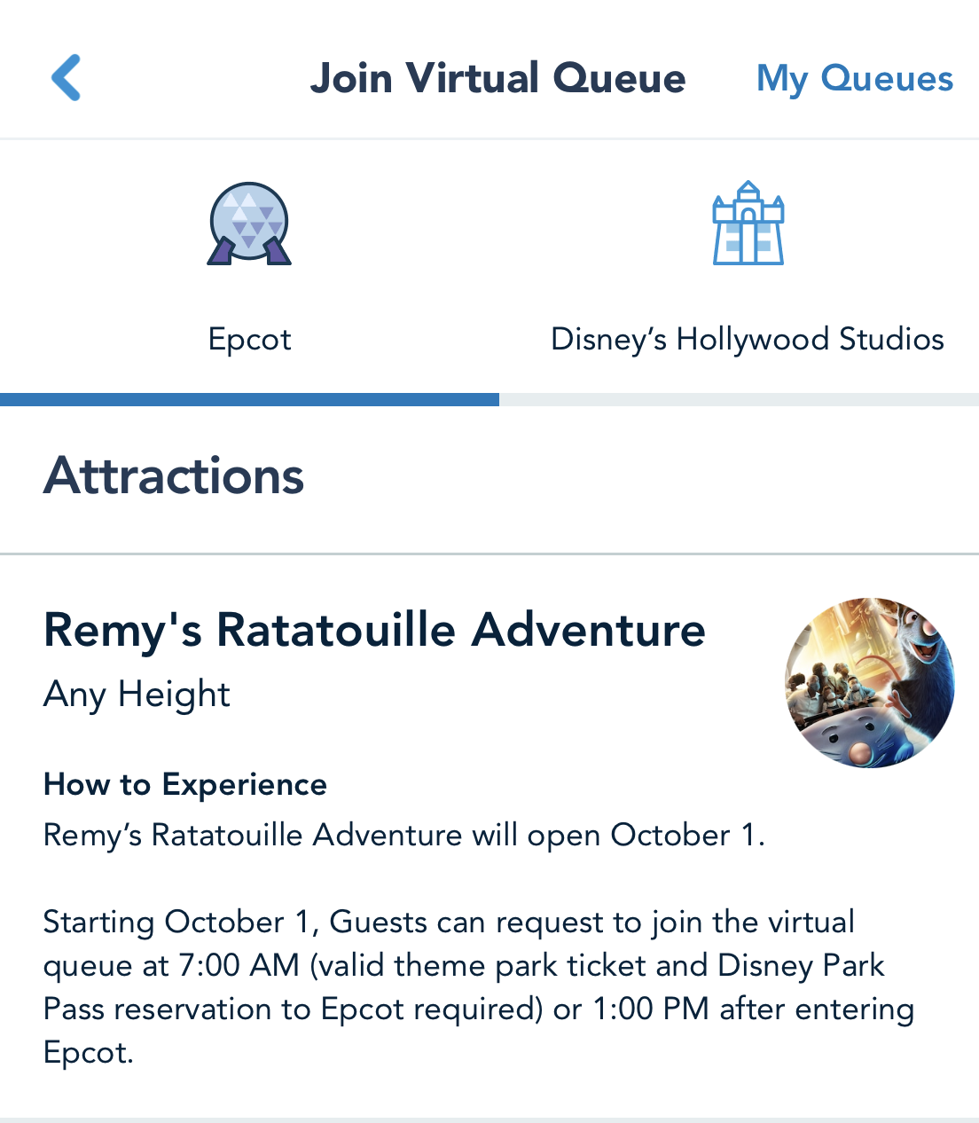 Remy's Ratatouille Adventure virtual queue