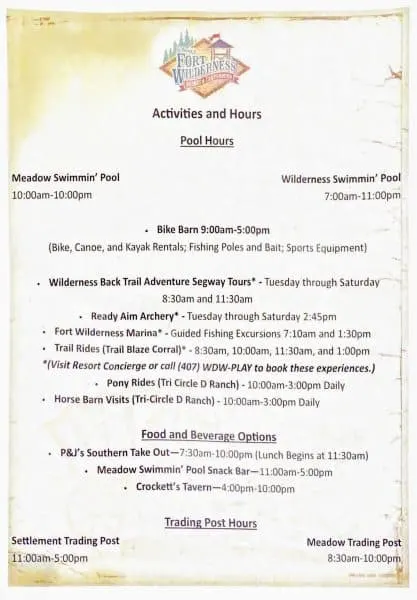 Fort Wilderness activity schedule
