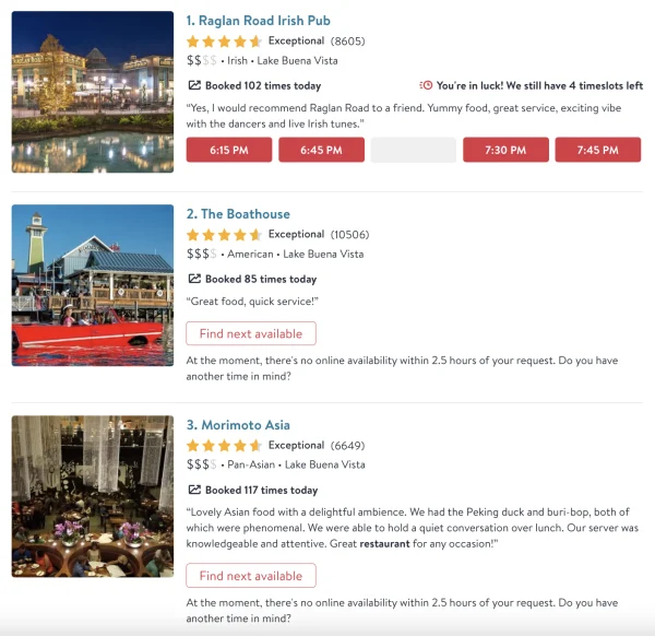Disney Springs restaurant reservations via open table