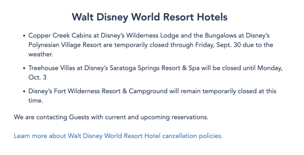 disney world resort hotels closures hurricane ian