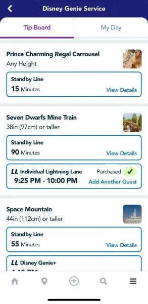 individual lightning lane return time - disney genie+ - my disney experience app
