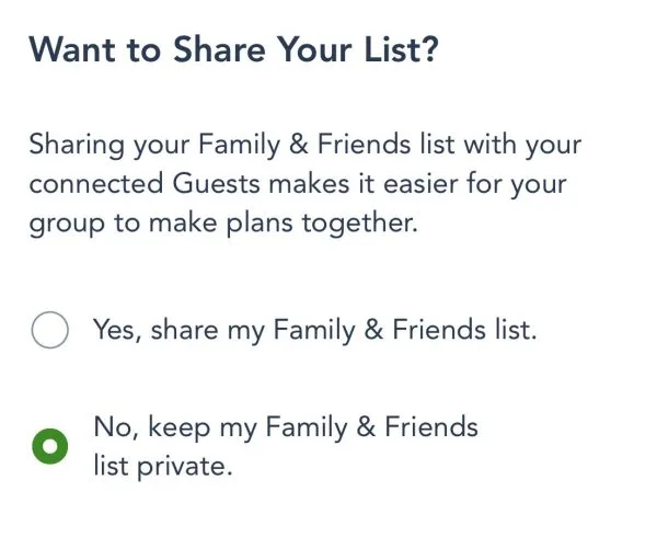 sharing family and friends list in my disney experience