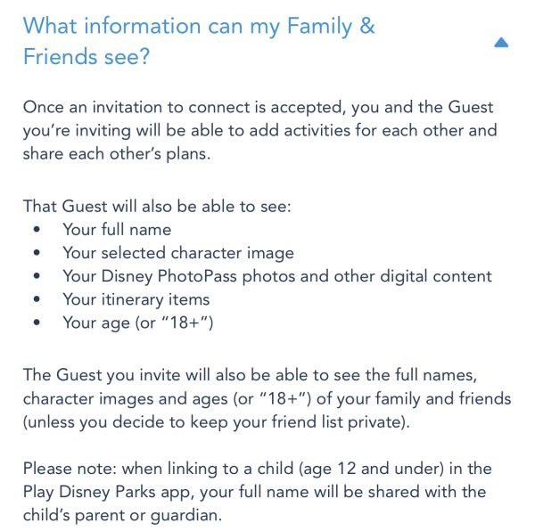 family and friends list in my disney experience - information