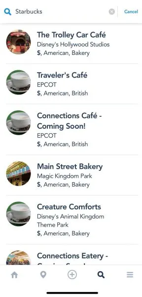 starbucks locations in my disney experience app
