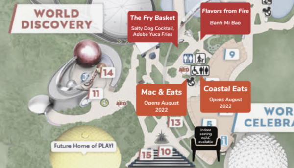 mac & eats, fry basket, flavors from fire, coastal eats map location - epcot food and wine