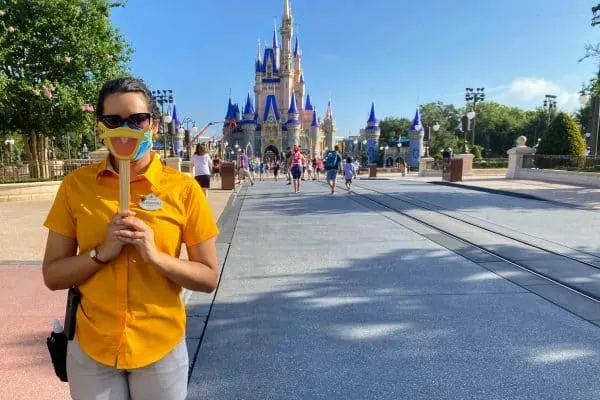 Cast member with a mask