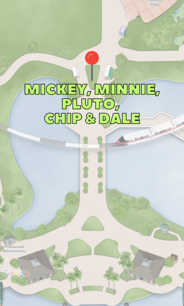 mickey, minnie, pluto, chip and dale topiary locations