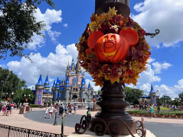 mickey pumpkin at magic kingdom in front of cinderella castle