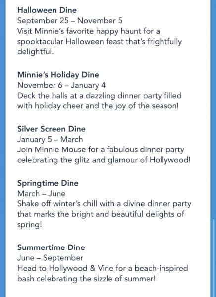 Minnie's Seasonal Dine dates 2020