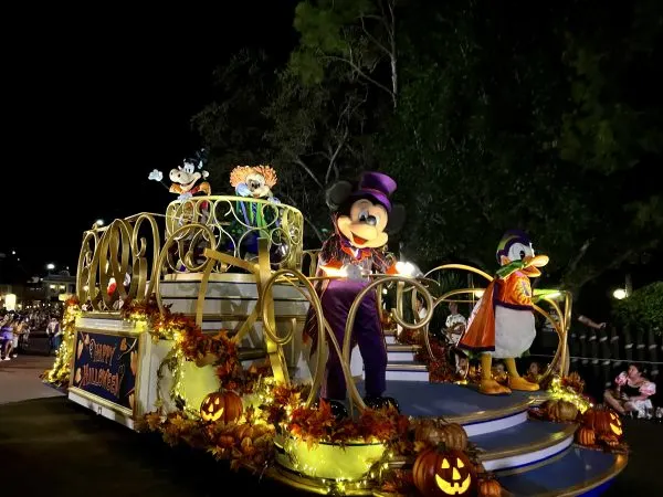 clarabelle, minnie, and daisy as sanderson sister on float with mickey and donald - boo to you parade - mickey's not so scary halloween party