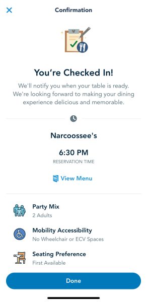 mobile check in on the my disney experience app for narcoossee's