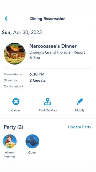 narcoossee's dinner reservation confirmation
