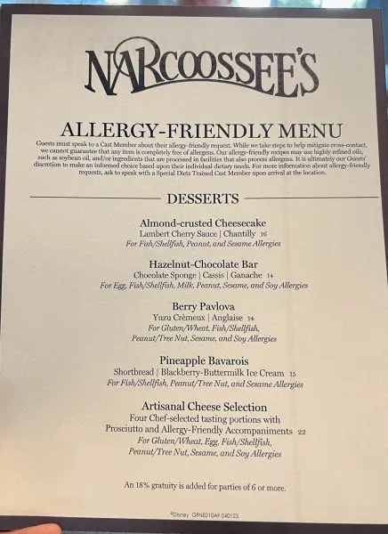 allergy-friendly dessert menu at narcoosse's