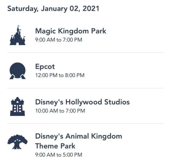 Walt Disney World park hours for January 2, 2021