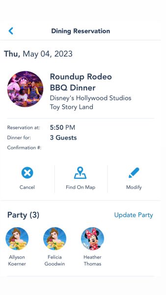 roundup rodeo bbq dinner confirmation in my disney experience app