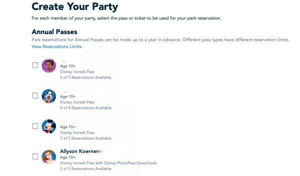 creating party - disney park pass system