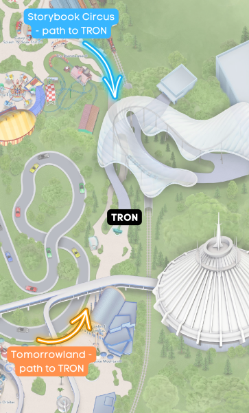 paths from storybook circus and tomorrowland to tron