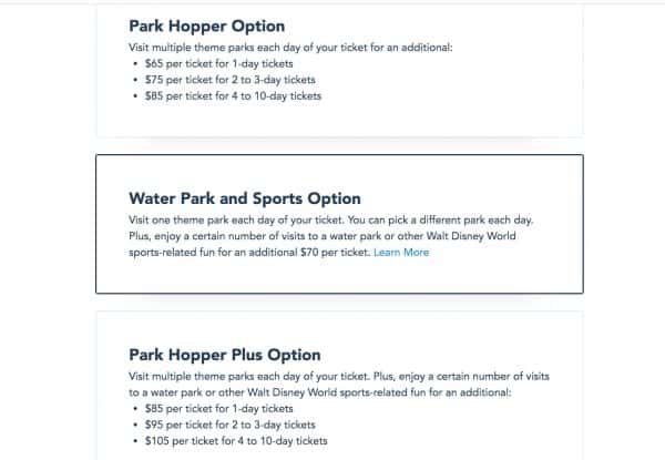 New Water Park and Sports Option ticket add-on for Walt Disney World