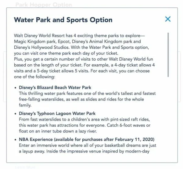 New Water Park and Sports Option ticket add-on for Walt Disney World