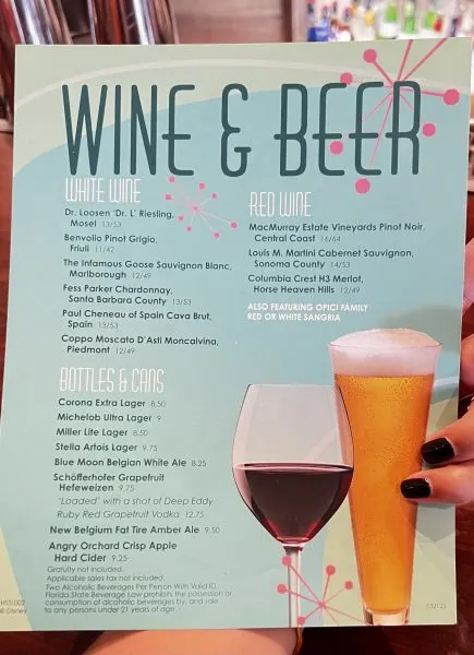 tune-in lounge wine and beer menu