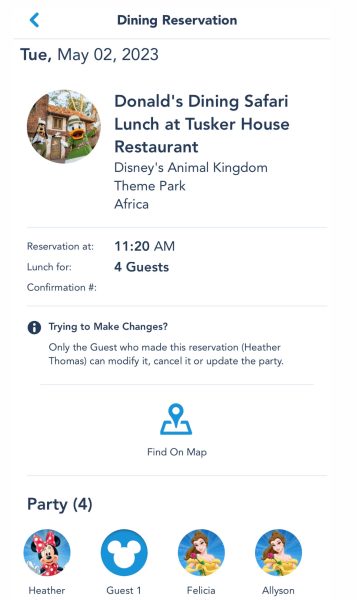 tusker house lunch confirmation in my disney experience app