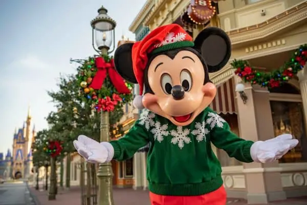 Mickey in his holiday sweater at Magic Kingdom