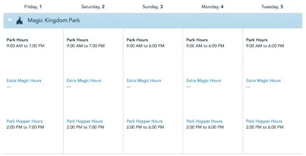 Walt Disney World 2021 Park Hopper Hours