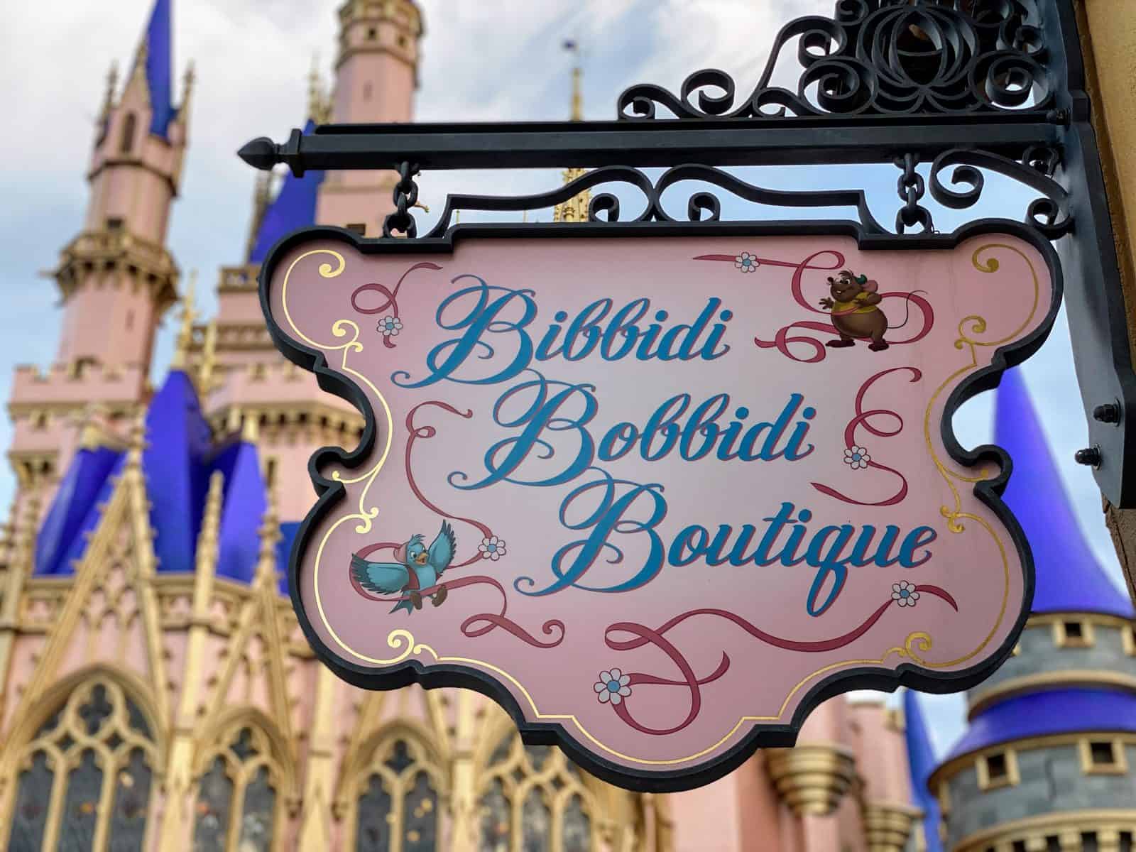 Bibbidi Bobbidi Boutique sign at Magic kingdom