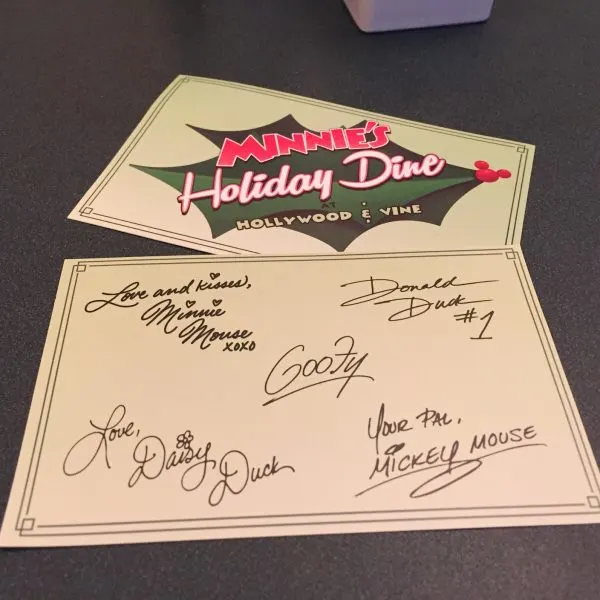 minnie's holiday dine autograph card