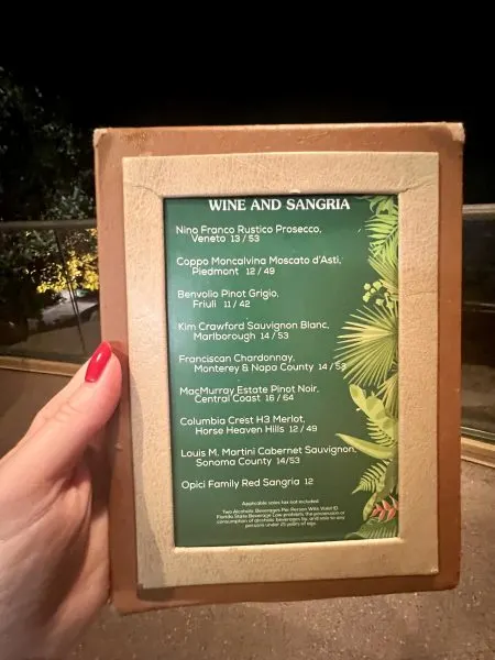 wine and sangria menu at garden grill