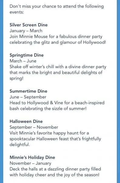 Minnie's Seasonal Dining options